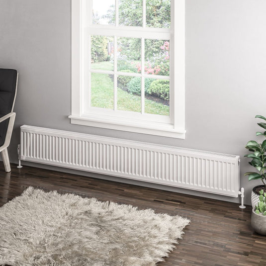 Modern white double panel radiator installed below window in stylish living room