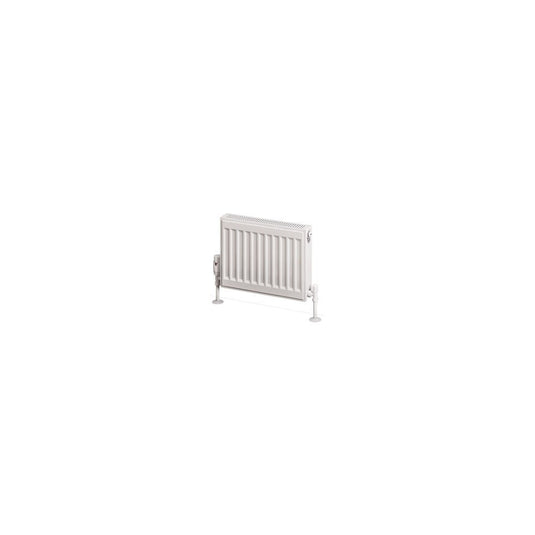 White horizontal panel radiator with visible valves, suitable for modern bathroom heating