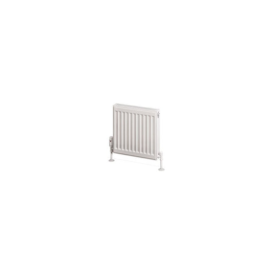White horizontal panel radiator with floor-mounted valves, modern bathroom heating