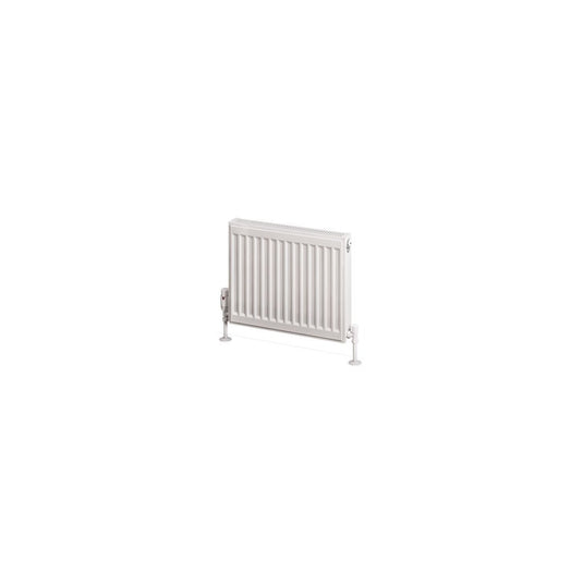 White horizontal bathroom radiator with panel design and floor-mounted valves