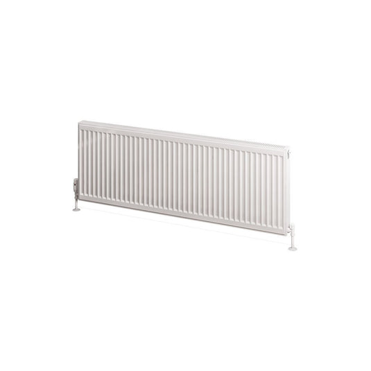 Horizontal white panel radiator for bathrooms with vertical grooves, isolated on white background