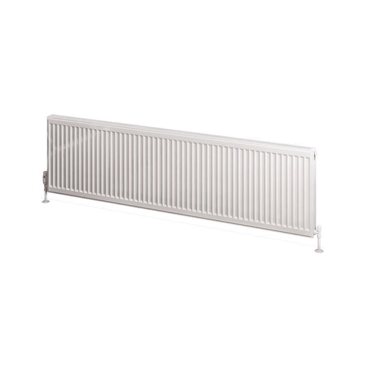 Horizontal white panel radiator with vertical fins for bathroom heating