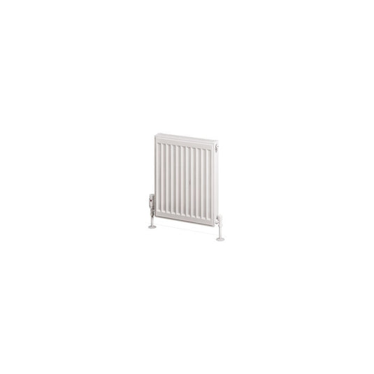 Modern white panel bathroom radiator with vertical grooves and exposed valves on a white background