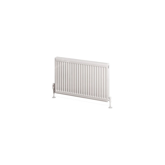 White double panel horizontal radiator with vertical grooves and floor-mounted valves