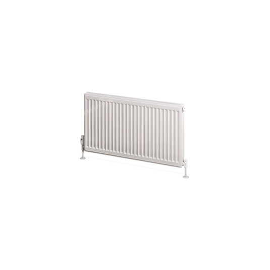 White horizontal panel radiator with valves, modern bathroom heating solution