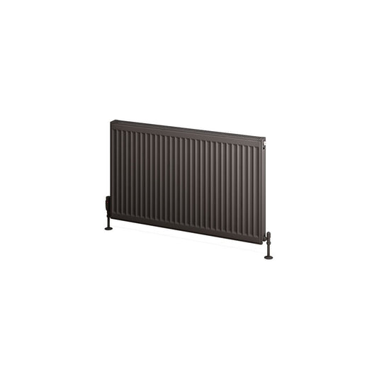 Modern black horizontal panel radiator with vertical grooves, freestanding on white background