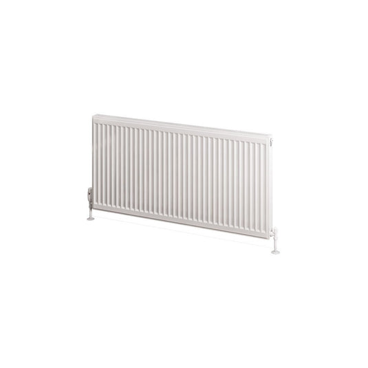 Horizontal white panel radiator with vertical grooves and side valves on a plain background