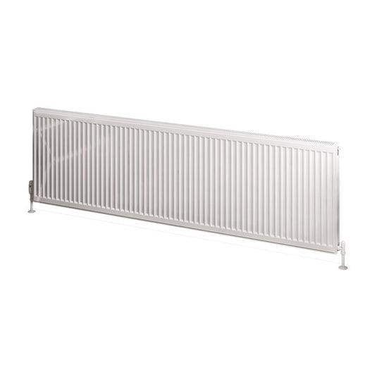 Horizontal white panel radiator with slim vertical fins for modern bathroom heating