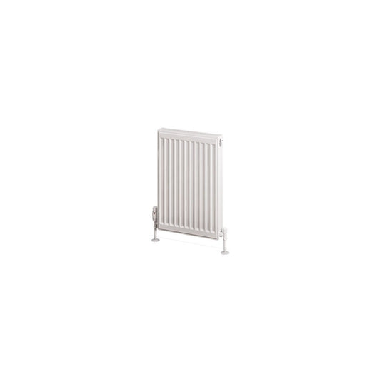White vertical panel bathroom radiator with floor-mounted valves on a plain background