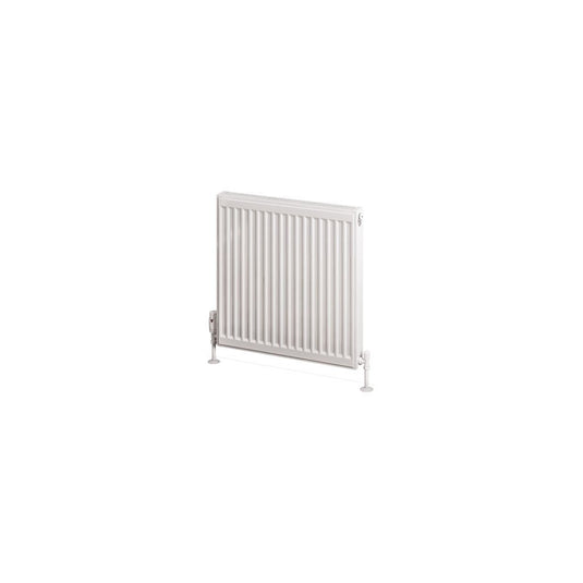 White horizontal panel radiator with vertical grooves and floor-mounted valves, modern heating