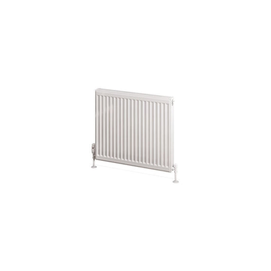 White modern panel radiator for bathrooms with vertical grooves and floor-mounted valves