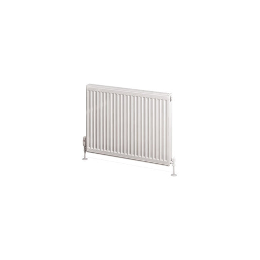 White horizontal panel radiator with vertical grooves, freestanding for bathroom heating