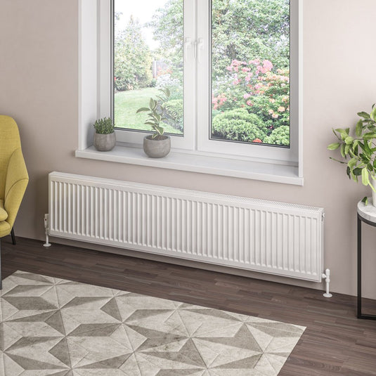 Modern white panel radiator below window in bright living room with plants and geometric rug
