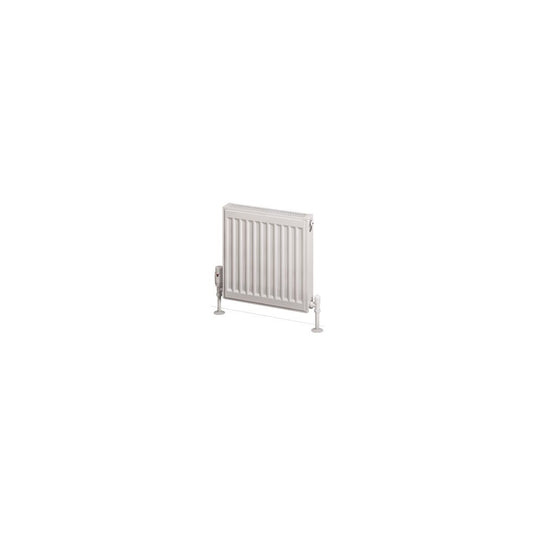 Modern white panel radiator with valves for bathroom heating, isolated on white background