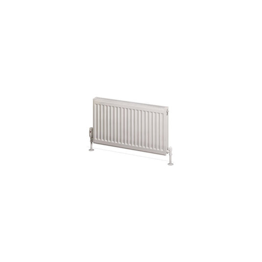 Horizontal white panel radiator with floor-mounted valves on white background