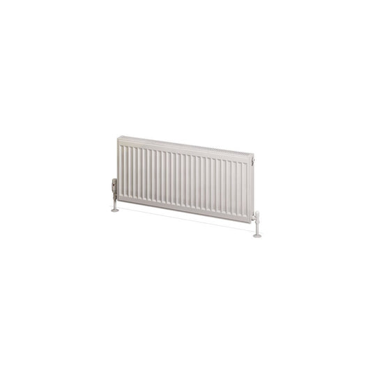 White horizontal panel radiator with floor-mounted valves, modern bathroom heating