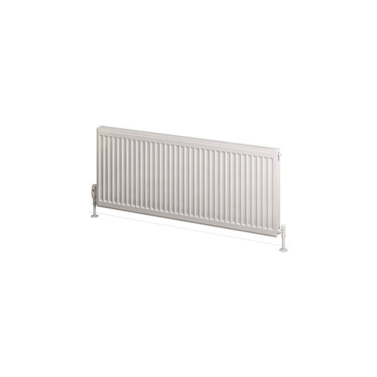 Horizontal white panel radiator with vertical grooves, central heating bathroom heater