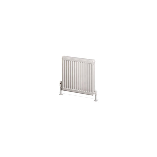 Modern white panel radiator with vertical grooves and floor-mounted valves