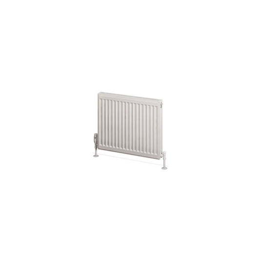 White modern panel radiator with vertical grooves and valve fittings, isolated on white background