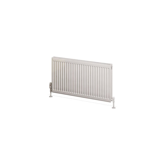 Horizontal white bathroom radiator with vertical panels and floor-mounted valves