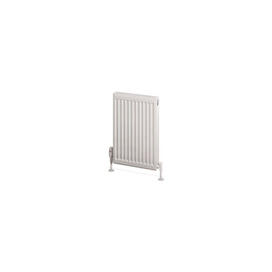 Vertical panel white bathroom radiator with floor-mounted valves on white background