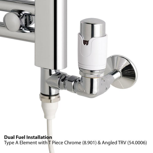 Chrome dual fuel radiator valve and angled TRV installation with T piece element