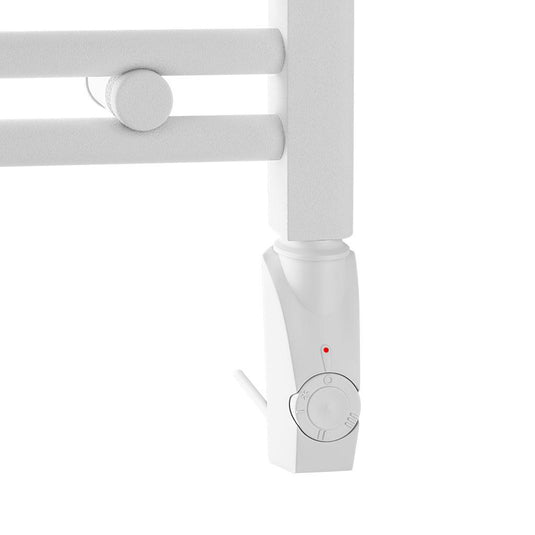 White electric towel radiator control switch with temperature dial in close-up