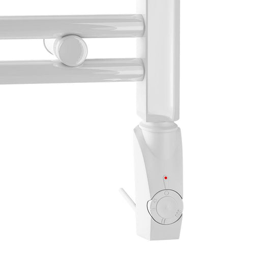 White electric heated towel rail with adjustable thermostat control knob
