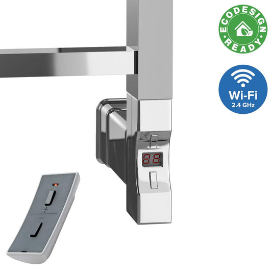 Chrome smart heated towel rail control with LED display, remote and Wi-Fi support.
