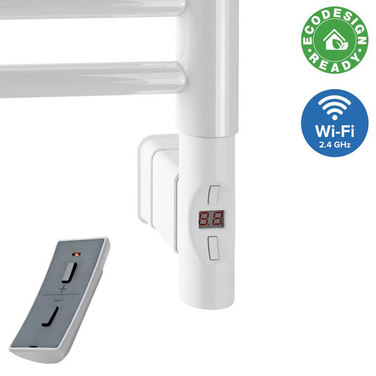 White electric towel radiator control with display, remote, Wi-Fi and EcoDesign Ready icons