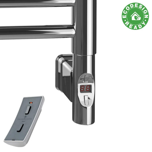 Chrome electric towel rail with digital temperature control and remote, EcoDesign Ready badge