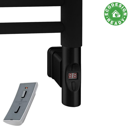 Black electric heated towel rail with digital control and remote, eco design ready badge