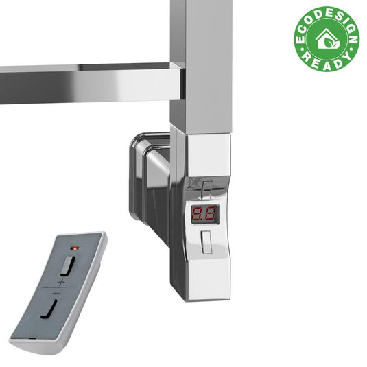 Chrome electric towel rail thermostat with LED display, remote control, and EcoDesign Ready badge