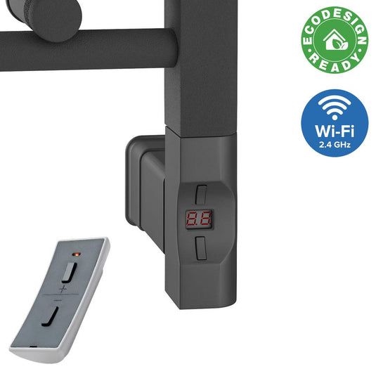 Electric heated towel rail control panel with digital display, remote, Wi-Fi and eco design icons