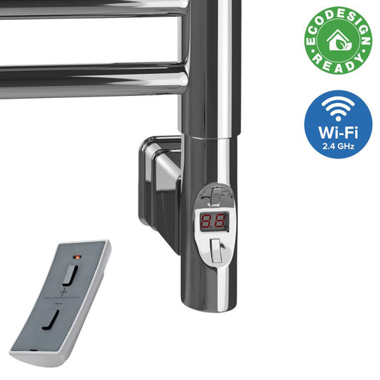Chrome smart heated towel rail with LED display, remote control, Wi-Fi and Ecodesign logos