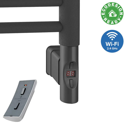 Matte black electric towel rail with digital display, remote control, EcoDesign ready, Wi-Fi enabled