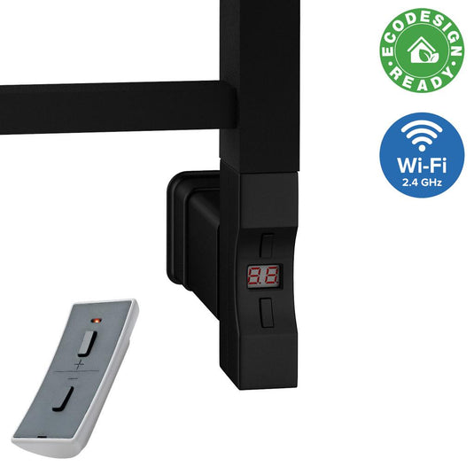Black electric towel rail control panel with digital display, remote control, eco design and Wi-Fi icons