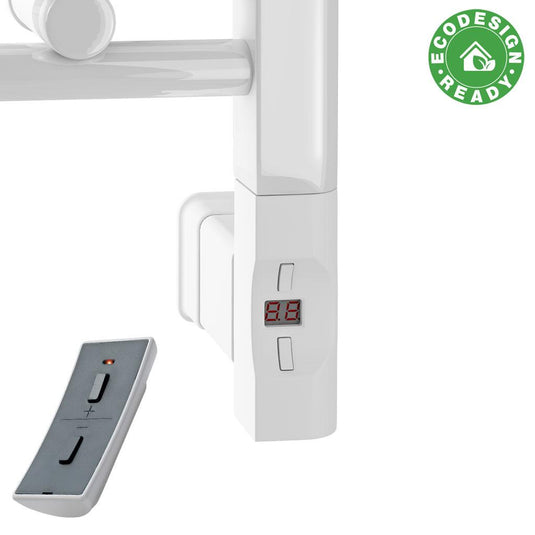 White electric towel rail control panel with LED display, remote control, and EcoDesign Ready badge