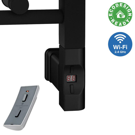 Black electric towel rail with LED display, remote control, Wi-Fi, and eco design ready badge