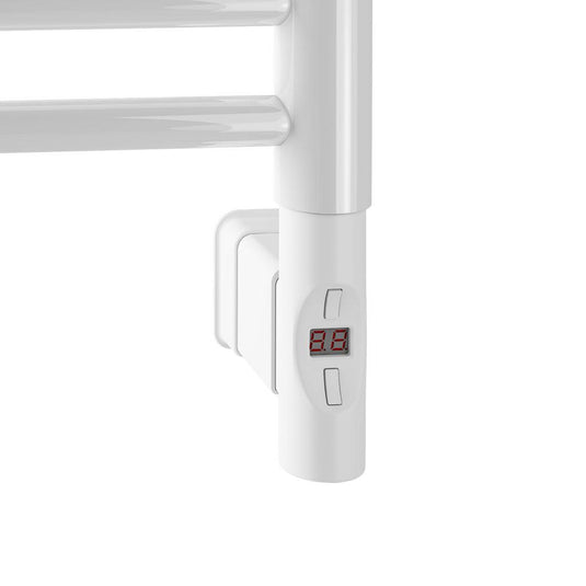 White heated towel rail control panel with digital temperature display for bathroom