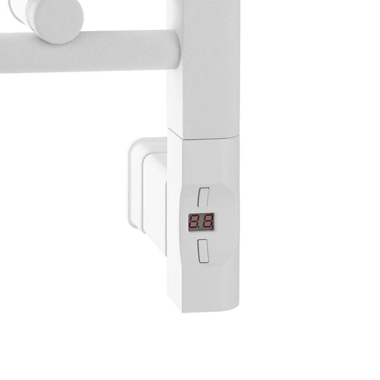 White electric towel rail control with LED display and adjustment buttons, close-up view