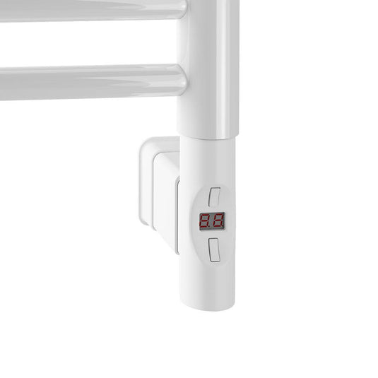 White heated towel rail with digital temperature control and wall mount
