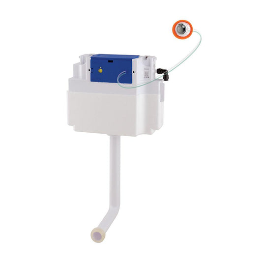 Concealed toilet cistern with flush pipe and push button, white and blue, isolated