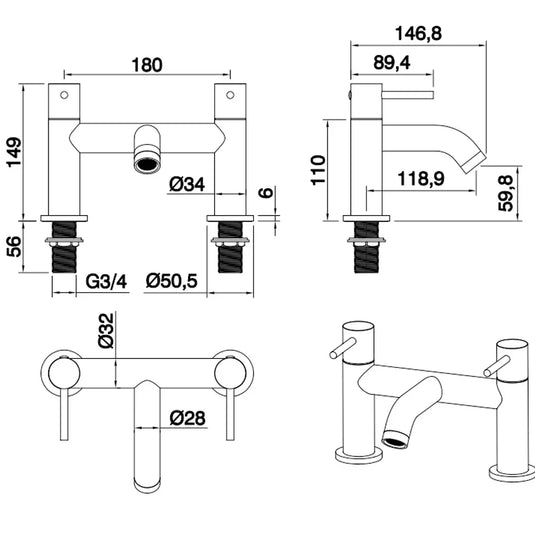 The White Space Pin Lux 2-Hole Dual Lever Bath Filler Tap - Matt Black - Envy Bathrooms Ltd