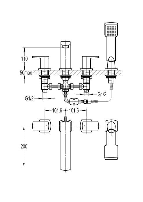 Flova Dekka 4 Hole Deck Mounted Bath Shower Mixer Tap with Pull Out Handset DE4HBSM - Envy Bathrooms Ltd