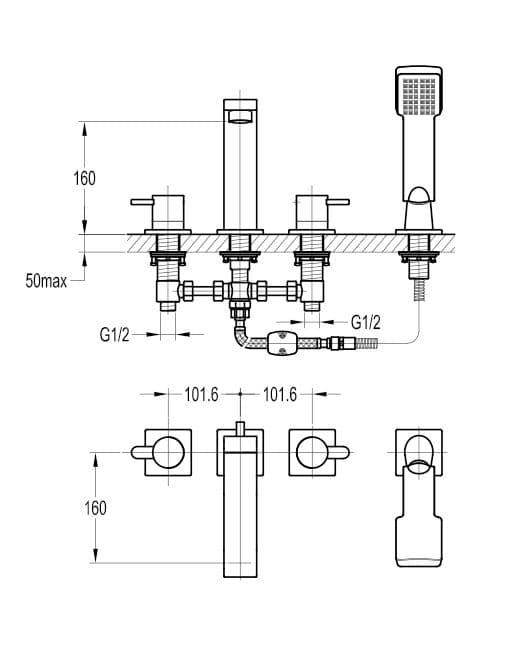 Flova Essence 4 Hole Deck Mounted Bath Shower Mixer Tap with Pull Out Handset ES4HBSM - Envy Bathrooms Ltd