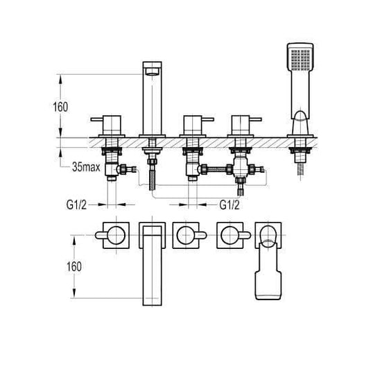 Flova Essence 5 Hole Deck Mounted Bath & Shower Mixer Tap with Pull Out Handset ES5HBSM - Envy Bathrooms Ltd