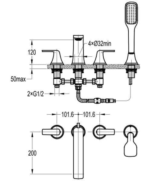Flova Fusion 4 Hole Deck Mounted Bath Shower Mixer Tap with Pull Out Handset FN4HBSM - Envy Bathrooms Ltd