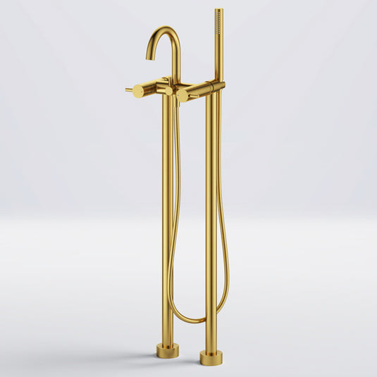Flova Levo Floor Standing Bath And Shower Mixer Brushed Gold | BG-LVTBSM - Envy Bathrooms Ltd