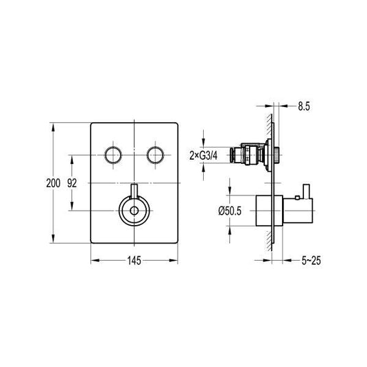 Flova Levo Square 2-Outlet GoClick Finishing Set – Brushed Nickel - BN-LVGO-2-SQ - Envy Bathrooms Ltd
